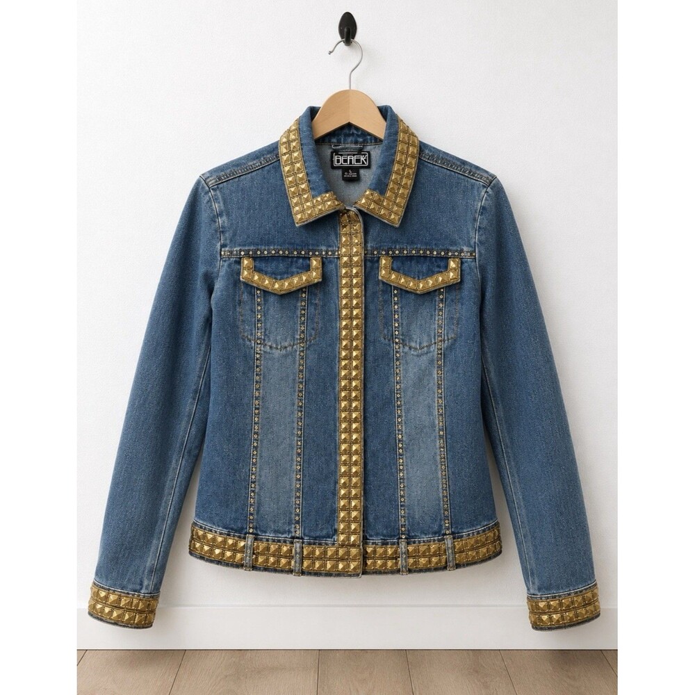 Berek² Takako Sakon Women's L Embellished Denim Jacket Gold Studded Snap Front